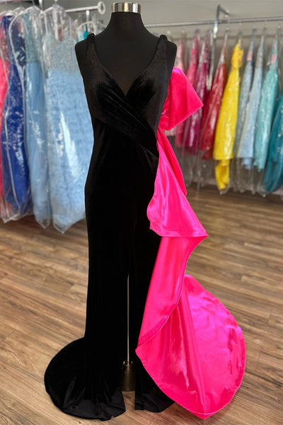 Black Velvet Bow-Back Mermaid Long Gown with Slit VK23102609