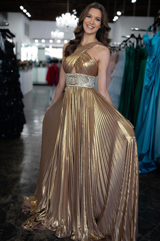 Gold Halter Pleated Satin Long Prom Dress with Beading VK24031304