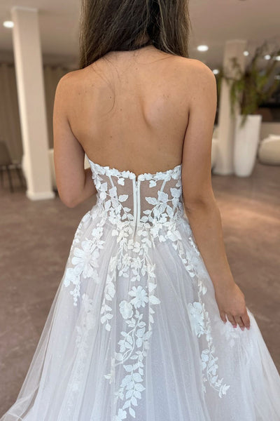 Fairy A Line V Neck Tulle Long Wedding Dresses with Appliques