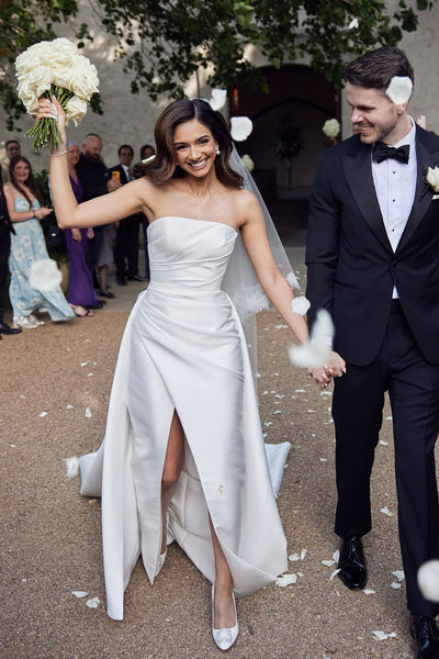 Fashion Mermaid Strapless White Pleat Satin Wedding Dresses with Slit