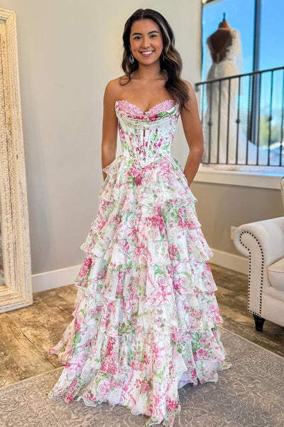 Cute A Line Sweetheart Floral Chiffon Tiered Prom Dress with Slit VK15120101