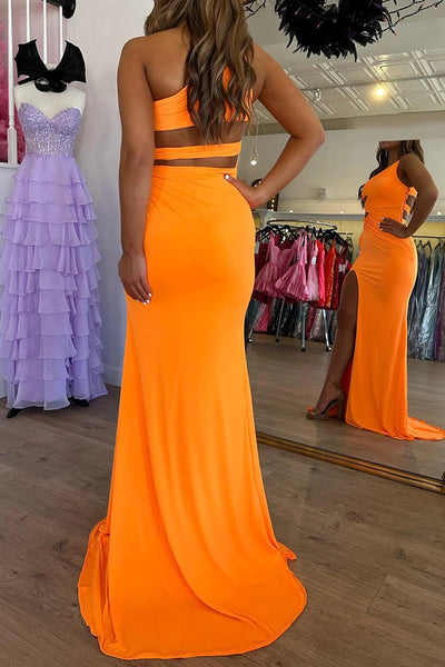 Orange Mermaid One Shoulder Long Prom Dress With Slit VK23112205