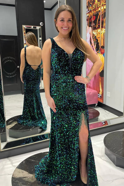 Green Iridescent Sequin Plunge V Backless Mermaid Long Prom Dress with Tassel VK23101103