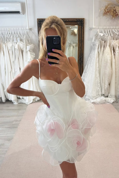 Sweetheart Spaghetti Straps White Short Wedding Dresses with Handmade Flower VK26020507