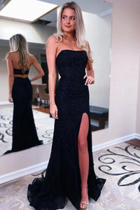 Sheath Strapless Black Sequins Long Prom Dress with Split Front VK23110604