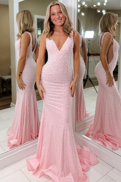 Glitter Mermaid V Neck Light Pink Beaded Long Prom Dresses VK26011306