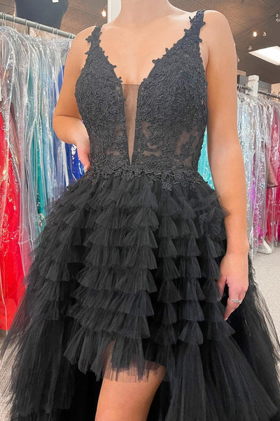 High-Low Tulle Plunge V Tiered Formal Gown with Ruffles VK23093008