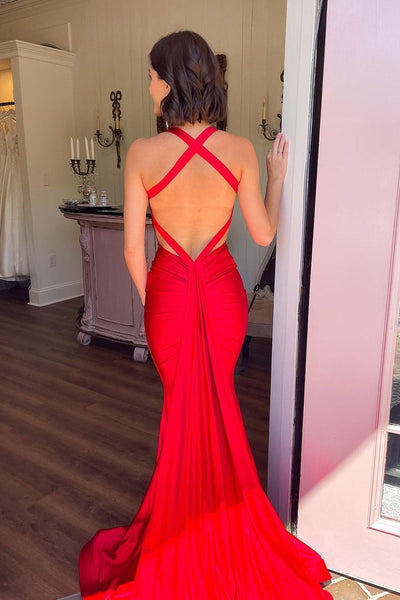Charming Mermaid V Neck Red Satin Long Prom Dresses with Cross Back