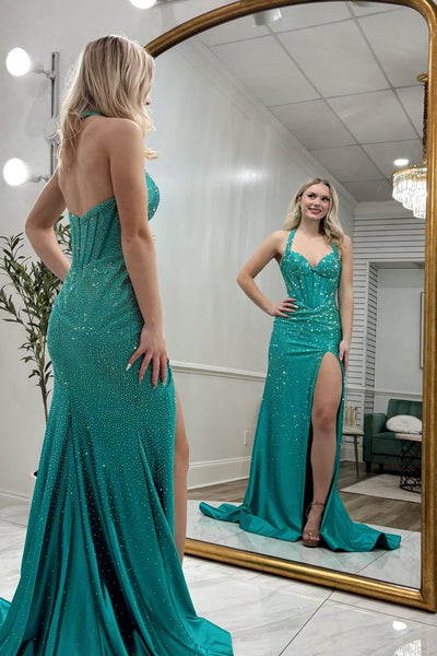 Gorgeous Mermaid Halter Beads Long Prom Dresses with Slit VK26020305