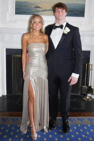 Sheath Strapless Champagne Silk Satin Pleats Long Prom Dresses with Slit VK26010902