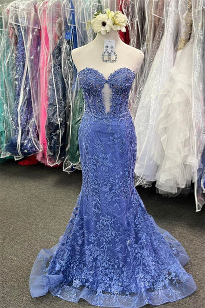 Periwinkle Strapless Floral Mermaid Long Prom Dress VK23112703