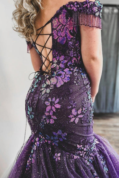 Purple Off the Shoulder Sequin Lace Mermaid Prom Dresses VK23121604