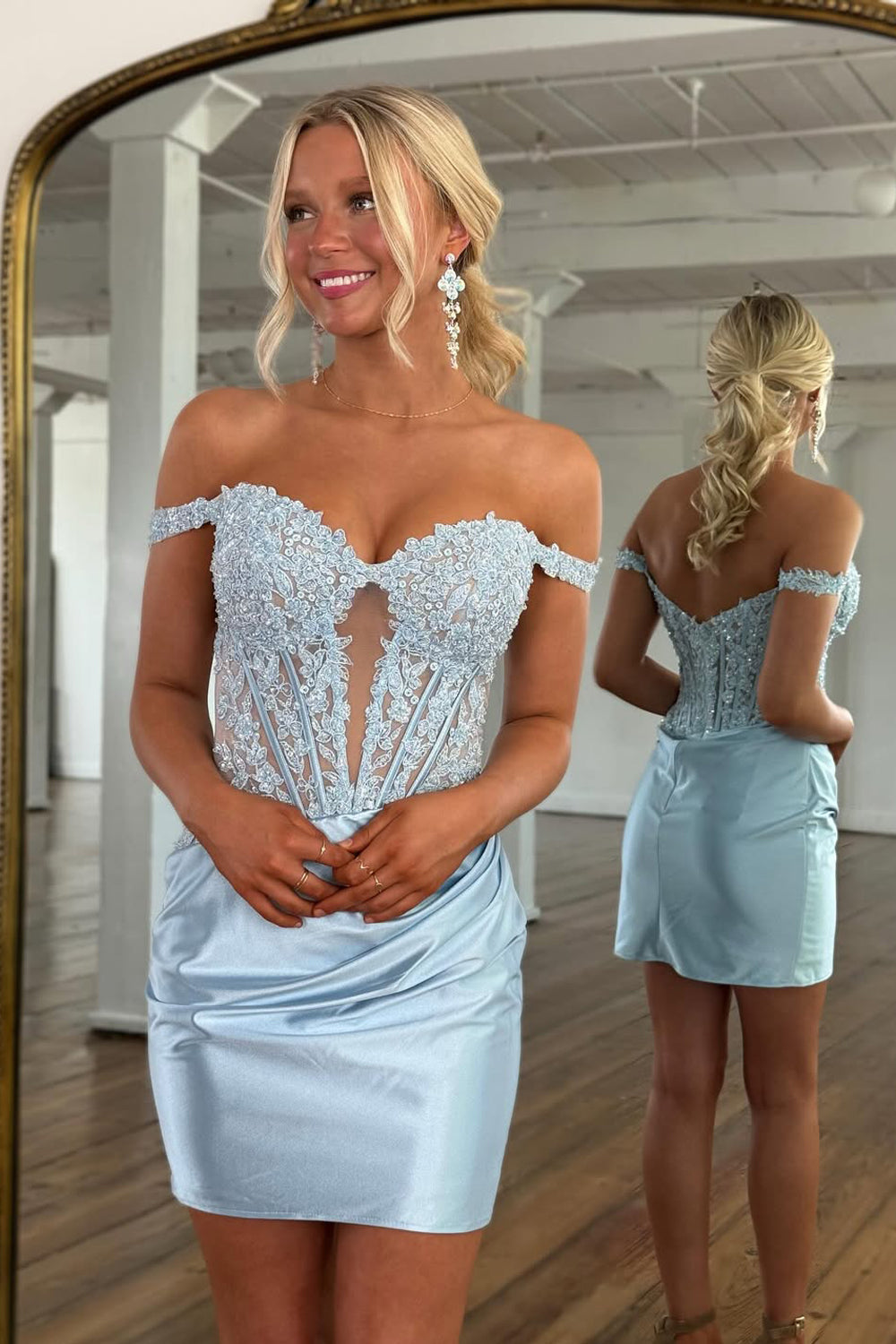Cute Bodycon Off the Shoulder Light Blue Homecoming Dress with Appliques VK080603
