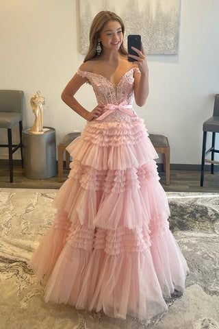 Princess A-Line Off the Shoulder Light Pink Tiered Ruffled Tulle Long Prom Dresses VK23103103