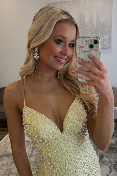 Mermaid V Neck Yellow Beaded Long Prom Dresses with Pearls VK26020607