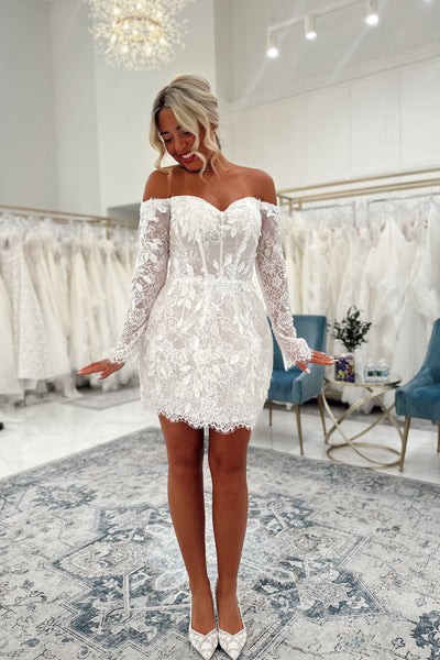 Bodycon Off the Shoulder Long Sleeves Lace Short Wedding Dresses VK26082112