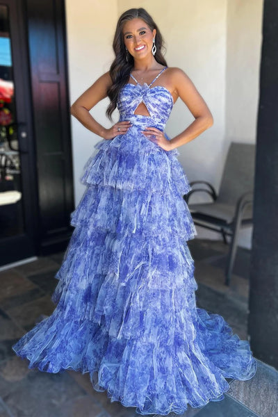 Blue Print Halter Keyhole Ruffle Tiered Long Prom Dress VK23110904