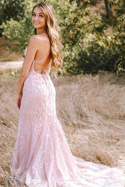 Blue Mermaid Tulle Backless Long Prom Dress with Lace VK23092301