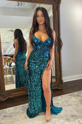 Green Sequins V Neck Mermaid Prom Dresses with Slit VK23120505