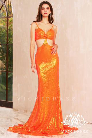 Orange Cutout Sequins Mermaid Long Prom Dresses VK24010713