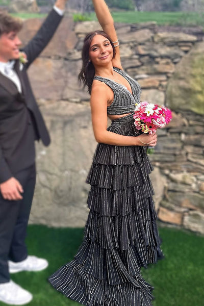 Cute A Line V Neck Black Tiered Long Prom Dress with Hot Stone Beading VK25052703