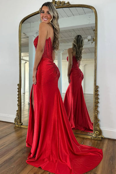 Gorgeous Mermaid Scoop Neck Hof Fix Satin Prom Dress with Slit VK16020606