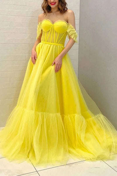 A Line Off the Shoulder Yellow Corset Prom Dress VK23110101