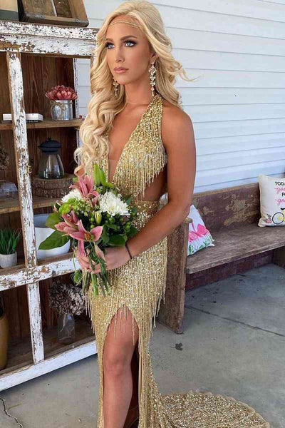Plunging V-Neck Black Side Cut-Out Long Prom Dress with Fringe VK23121810