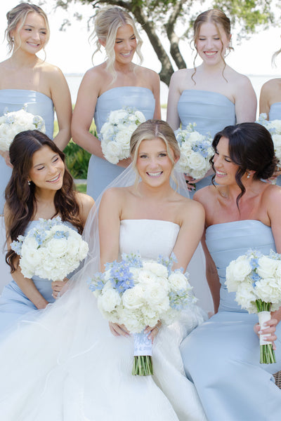 Sheath Strapless Sky Blue Satin Long Bridesmaid Dresses VK26081301