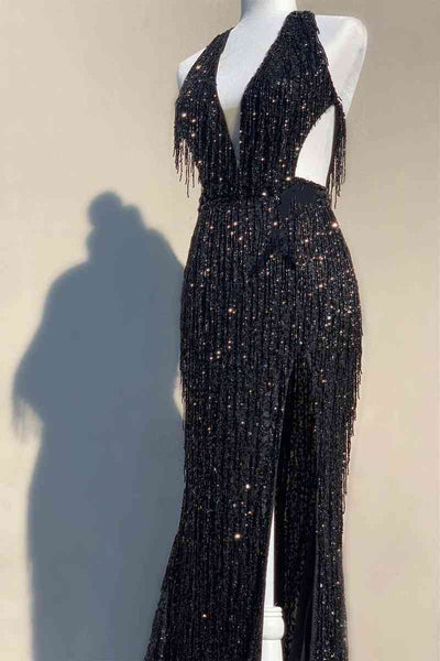 Plunging V-Neck Black Side Cut-Out Long Prom Dress with Fringe VK23121810