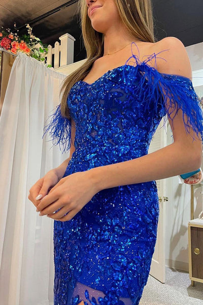 Royal Blue Sequin Lace Sparkly Mermaid Prom Dress with Feather VK23102004