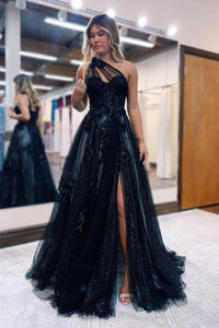 A Line One Shoulder Black Long Prom Dress with Appliques VK23101908