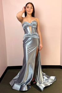 Mermaid Strapless Silver Satin Long Prom Dresses with Slit VK25031506