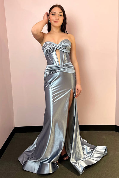 Mermaid Strapless Silver Satin Long Prom Dresses with Slit VK25031506