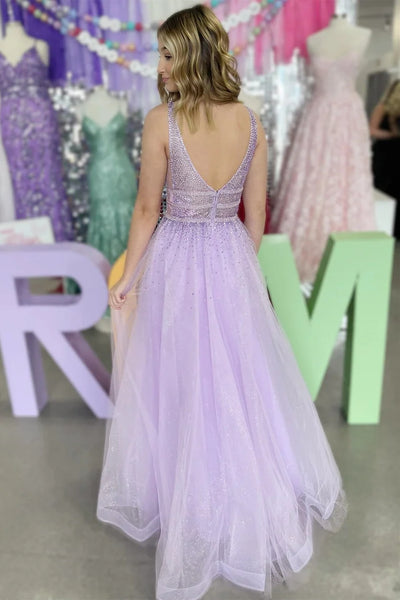 Lavender V Neck Beaded Tulle A-Line Prom Dresses VK24011302