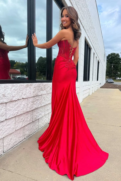 Cute Mermaid Scoop Neck Daffodil Hot Fix Satin Prom Dress with Slit VK25122805