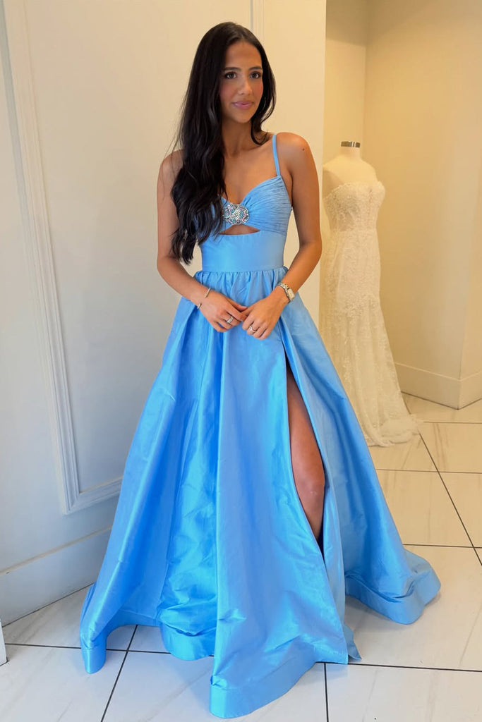 Cute A Line V Neck Keyhole Blue Satin Prom Dress with Beading