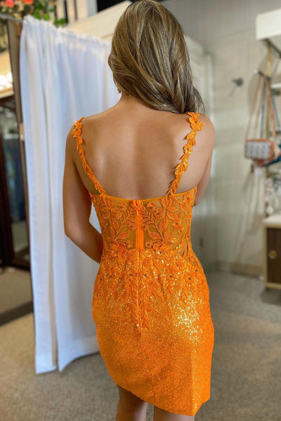 Orange Sequin Plunge V Short Homecoming with Appliques VK23080702