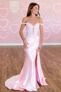 Cute Mermaid Off the Shoulder Pink Satin Long Prom Dress with Appliques VK25012601
