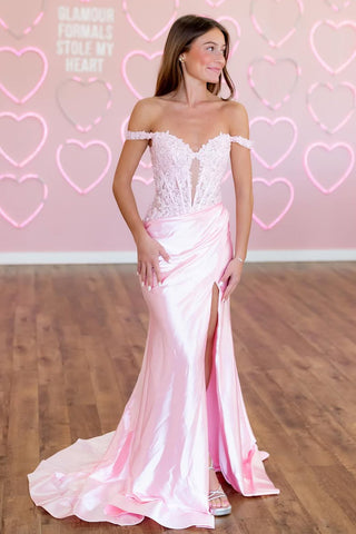 Cute Mermaid Off the Shoulder Pink Satin Long Prom Dress with Appliques VK25012601