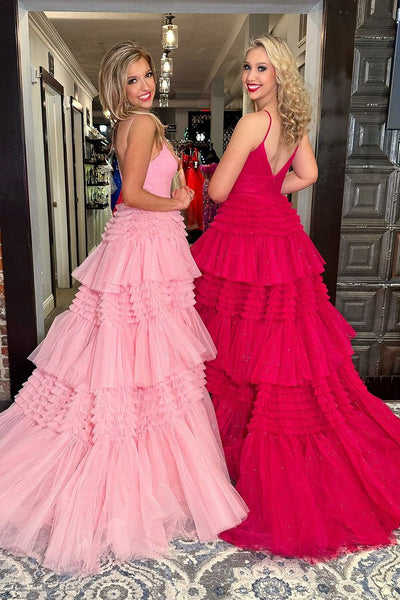 Pink V Neck Tiered Tulle Long Prom Dresses with Slit VK24012102