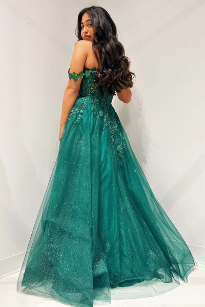 Glitter Emerald Appliques Off-the-Shoulder A-Line Long Prom Dress VK24010901