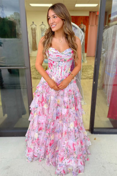 Pink A Line Sweetheart Floral Chiffon Tiered Long Prom Dress VK161906