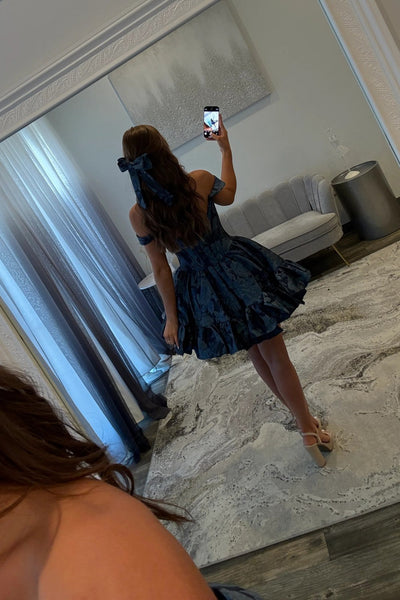 Lovely A-Line Off the Shoulder Pink Floral Printed Short Homecoming Dresses VK25092607