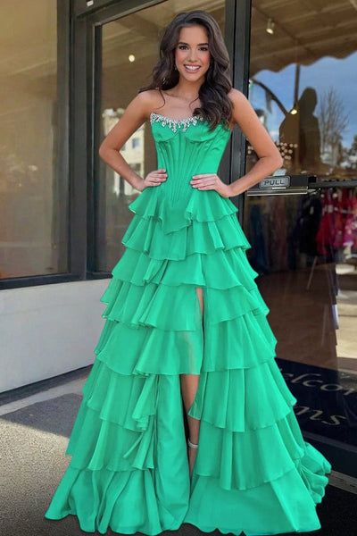 Charming A-Line Strapless Green Chiffon Tiered Long Prom Dresses with Slit VK26010602