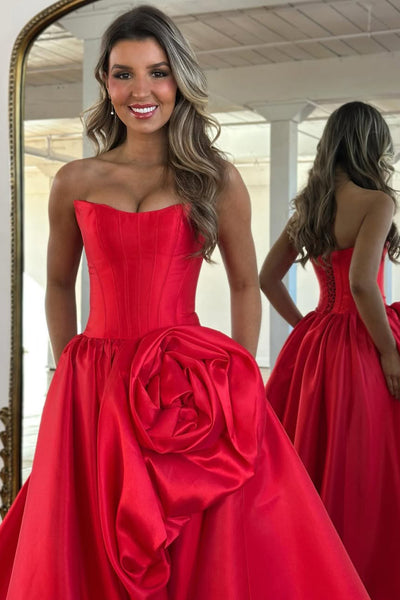 A-Line Strapless Red Satin Prom Dresses with Handmade Flower VK26012707