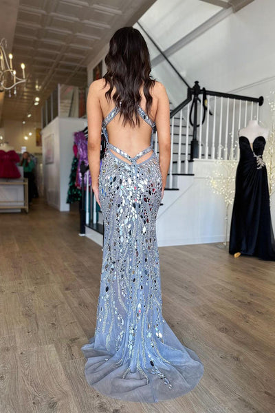 Silver V Neck Tulle Beaded Mermaid Prom Dress with Slit VK24030403