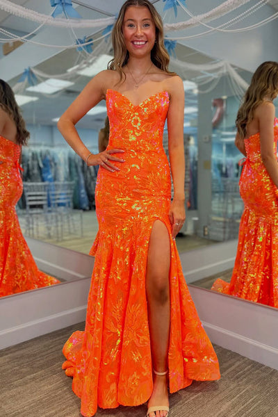 Mermaid V Neck Orange Sequins Lace Long Prom Dress VK071704