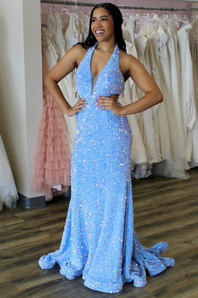 Blue Sequin Halter Trumpet Long Prom Dress VK23102803