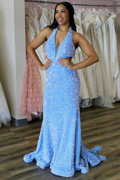 Blue Sequin Halter Trumpet Long Prom Dress VK23102803